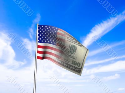 American flag us dollar over blue sky concept rendered from 3D