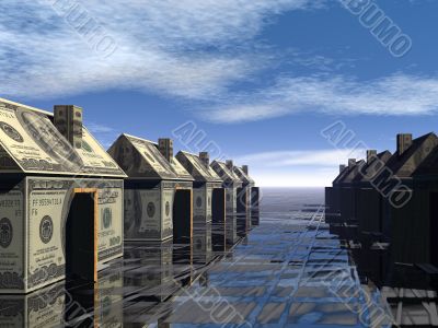 3D rendered street of money made houses with reflection and blue sky