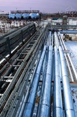 Industrial zone, Steel pipe-lines on blue sky