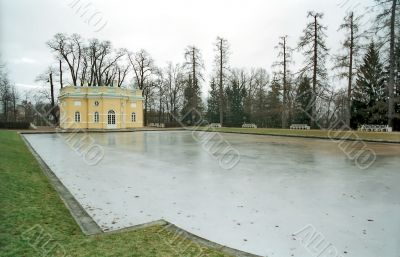  Iced pond and classical buiding