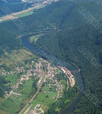 Aerial view of the village Deluz and river Doubs