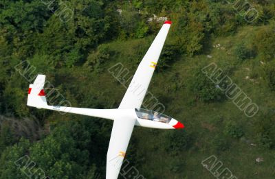 A glider Janus A flying over Alps forest