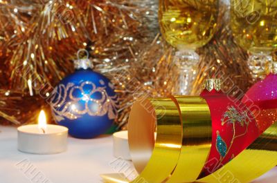 candle in new year stuff with christmas balls