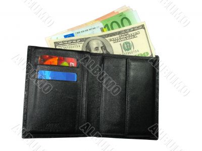 Black leather wallet purse with cash us dollars, euro and credit cards