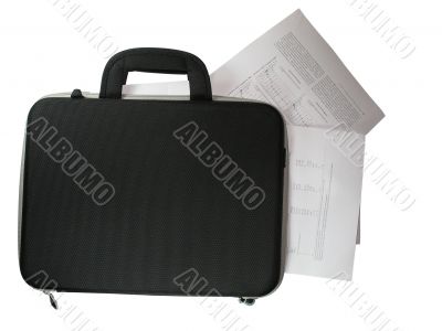 black briefcase with business paper documents in it isolated over white