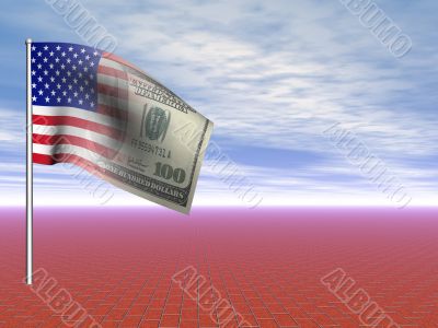 3D concept American flag us dollar over blue sky and infinite red brick pavement