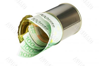 euro bills on a tin can