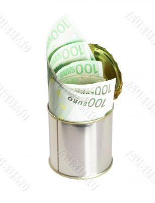 euro bills on a tin can