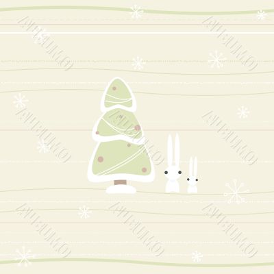 christmas card with pine and rabbits