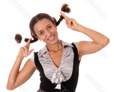 young woman with pigtails