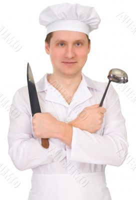 Cook with knife and ladle