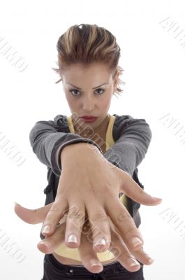 glamorous woman making hand gesture