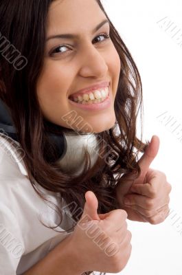 caucasian female wearing headphones