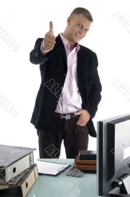 blonde businessman wishing goodluck