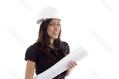 female architect with helmet and blueprint
