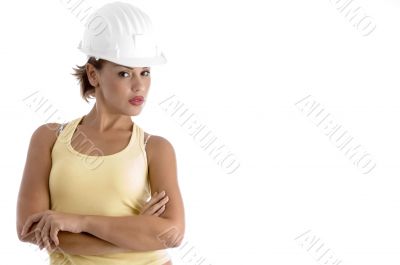 young woman with architect helmet