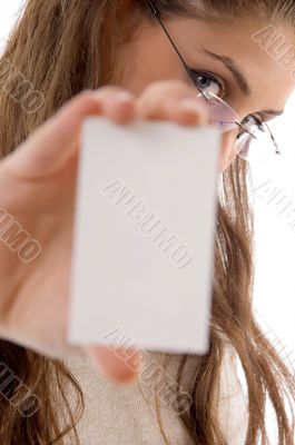 young businesswoman showing business card