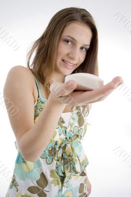 portrait of pretty female with beauty soap in