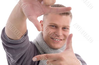 young male showing directing hand gesture