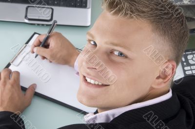 back pose of smiling lawyer