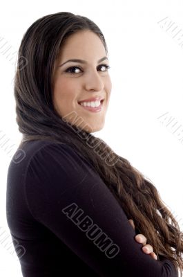 side pose of smiling model side pose of smiling model
