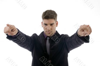 handsome young attorney pointing with both fingers