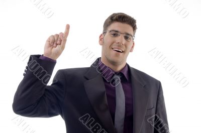 handsome service provider pointing upwards handsome service provider pointing upwards