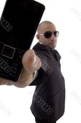 handsome young lawyer showing his cell phone handsome young lawyer showing his cell phone
