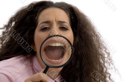 young corporate woman with magnified mouth