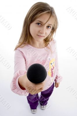 innocent girl showing microphone