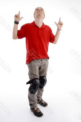 young american male with pointing fingers