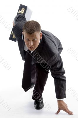 young accountant with office bag ready to race