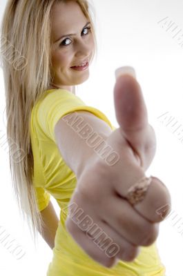 smiling woman showing approval sign smiling woman showing approval sign