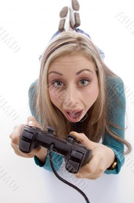 surprised woman holding remote control