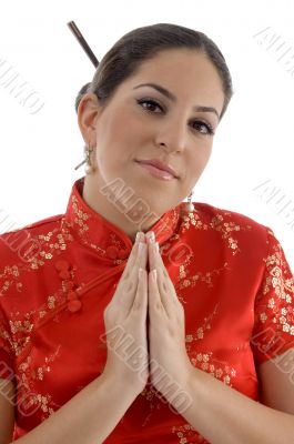 portrait of female with joined hands portrait of female with joined hands