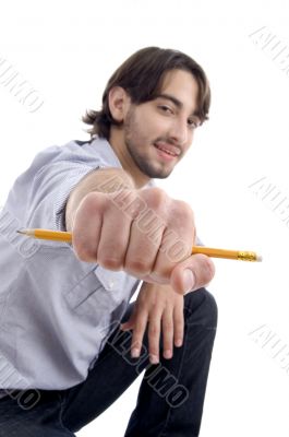 handsome cool man showing pencil handsome cool man showing pencil