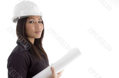 female architect having blueprints
