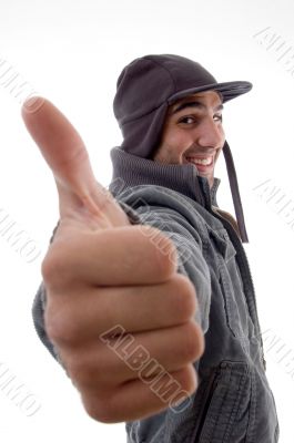 casual male model showing thumbs up