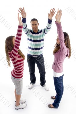 standing friends with raised arms