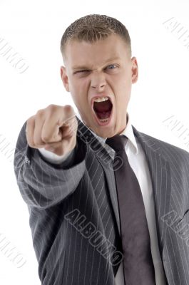 shouting adult boss pointing at camera