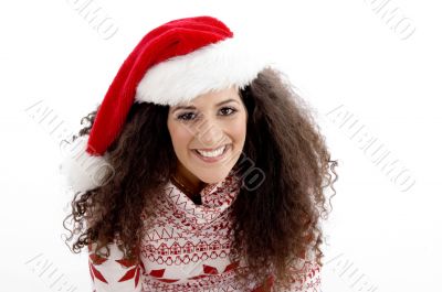 high angle view of young female with christmas hat