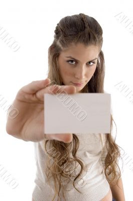 young businesswoman showing business card