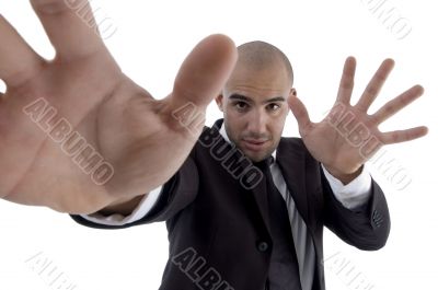 handsome young lawyer showing open palms