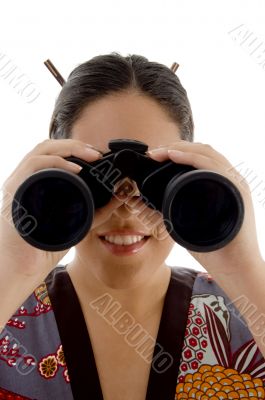 woman watching through binocular woman watching through binocular