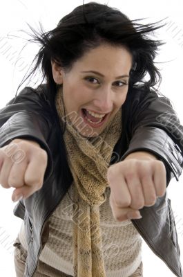 woman showing clenched fists