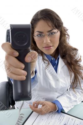 young doctor showing phone receiver