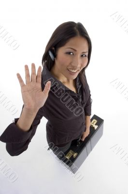businesswoman waving hand