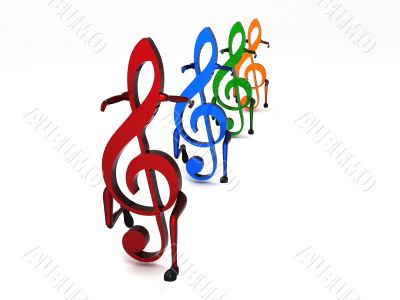 three dimensional dancing musical notes in row