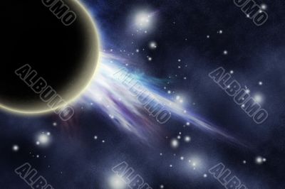 Digital created starfield with planet and big explosion