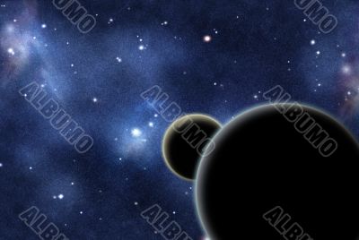 Digital created starfield with cosmic Nebula and two planets